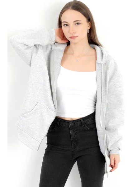 Kadın Karmelanj Fermuarlı Şardonlu Kapüşonlu Oversize Sweatshirt - 9015 - 264401 modelleri