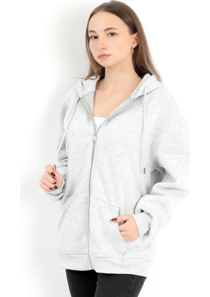 Kadın Karmelanj Fermuarlı Şardonlu Kapüşonlu Oversize Sweatshirt - 9015 - 264401
