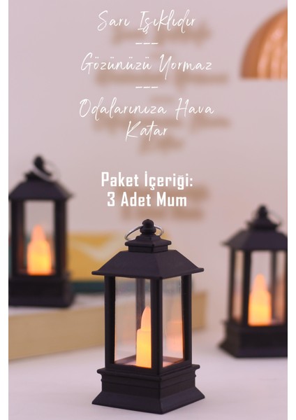 3 Adet LED Mum Mini Dörtgen Tip Pil Dahil Dumansız Alev Ledli Yapay Dekoratif Mum Işığı Siyah PT434