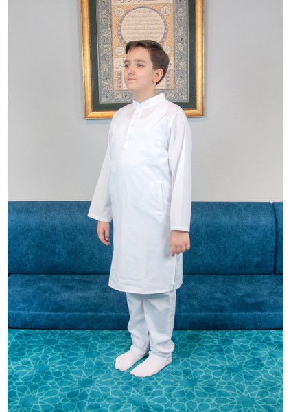 Erkek Çocuk Hac Umre Hakim Yaka Afgan Takım - Beyaz