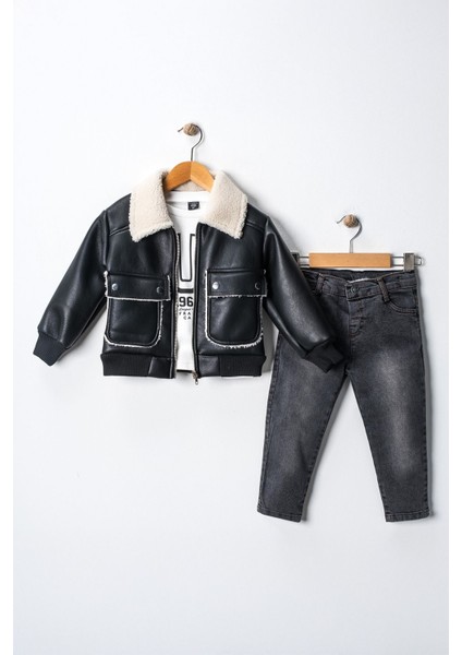 Deri Kürklü Cepli Montlu Run Baskı 3 Lü Erkek çocuk takım - Siyah
