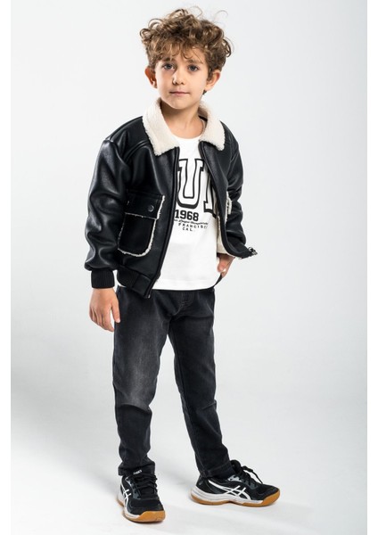 Deri Kürklü Cepli Montlu Run Baskı 3 Lü Erkek çocuk takım - Siyah fiyatları