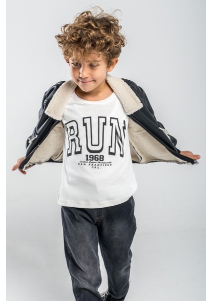 Deri Kürklü Cepli Montlu Run Baskı 3 Lü Erkek çocuk takım - Siyah modelleri