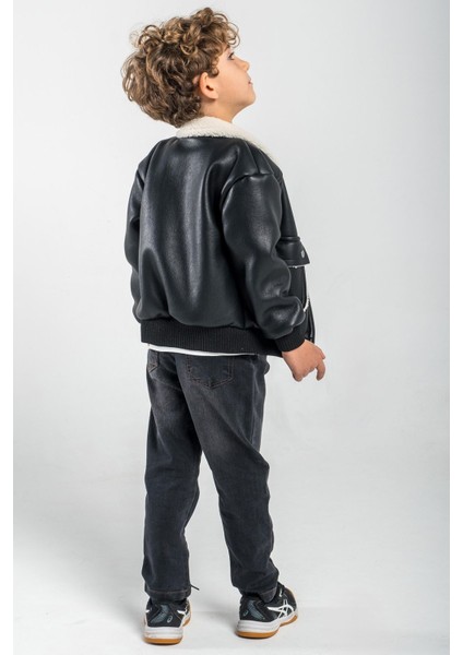 Deri Kürklü Cepli Montlu Run Baskı 3 Lü Erkek çocuk takım - Siyah fırsatları