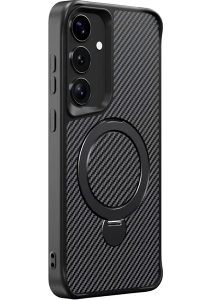 Samsung Galaxy S24 Plus Kılıf Karbon Fiber Magsafeli Standlı Alp Kapak Siyah