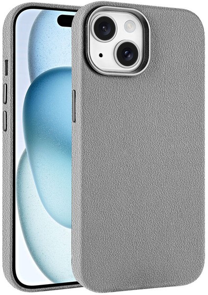 Apple iPhone 15 Kılıf Magsafeli Pu Deri Tasarımlı Adora Sert Mika Gri