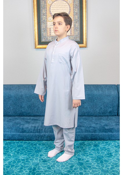 Erkek Çocuk Hac Umre Hakim Yaka Afgan Takım - Gri