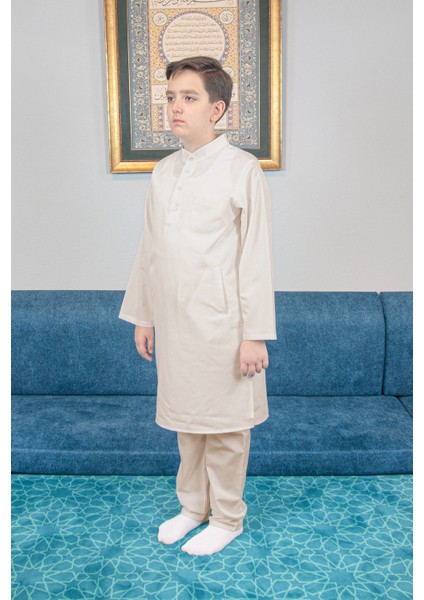 Erkek Çocuk Hac Umre Hakim Yaka Afgan Takım - Bej