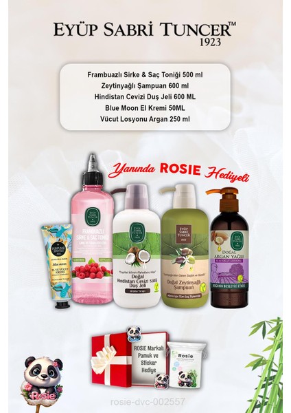 Argan Losyon, Blue Moon Krem, Hindistan Cevizi Duş Jeli, Frambuaz Tonik, Zeytinyağlı Şampuan ve Rosie
