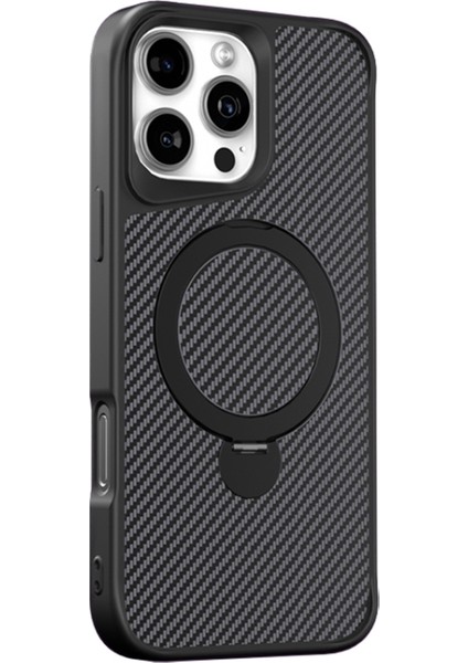 iPhone 16 Pro Max Kılıf Karbon Fiber Magsafeli Standlı Alp Kapak Siyah
