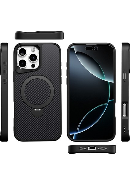 iPhone 16 Pro Max Kılıf Karbon Fiber Magsafeli Standlı Alp Kapak Siyah