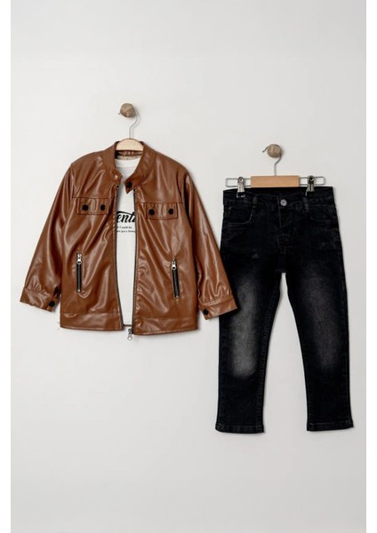 Deri Ceketli Adventige Baskı 3 Lü Erkek çocuk takım - Kahverengi