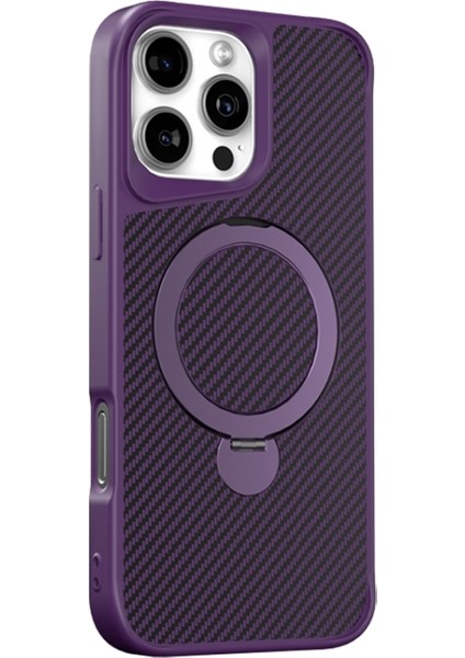 iPhone 16 Pro Max Kılıf Karbon Fiber Magsafeli Standlı Alp Kapak Derin Mor