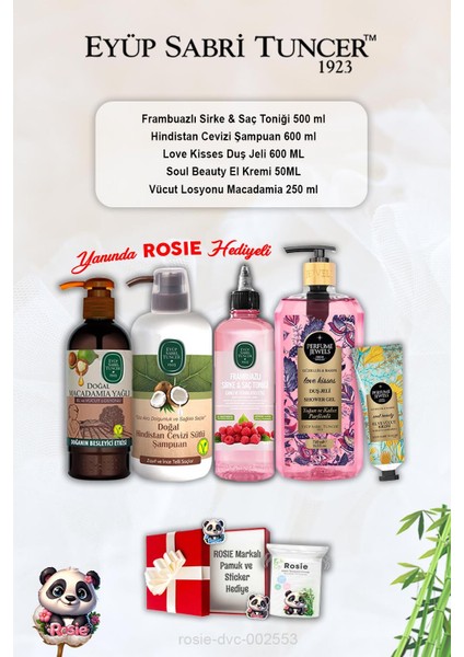 Hindistan Cevizi Şampuan, Love Kisses Duş Jeli, Frambuaz Tonik, Soul Beauty Krem, Macadamia Losyon ve Rosie