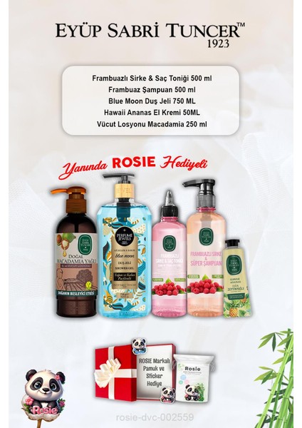 Şampuan ve Tonik Frambuazlı, Blue Moon Duş Jeli, Ananas Krem, Macadamia Losyon ve Rosie