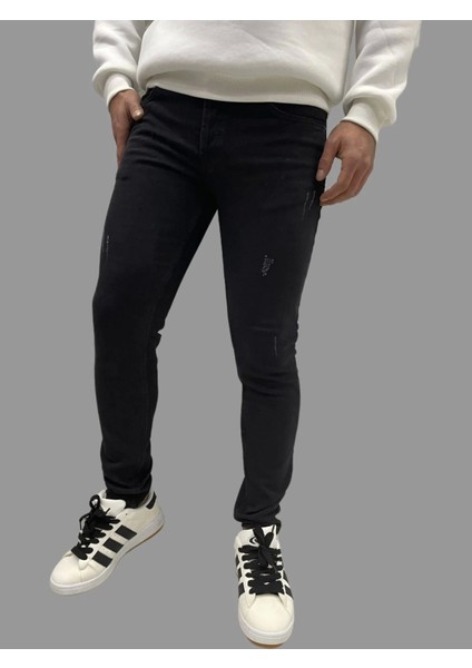 Erkek Dar Paça Tırnaklı Newone Koyu Siyah Kot Pantolon