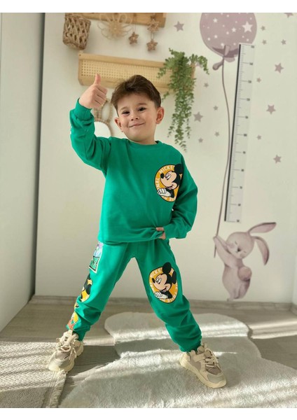 Mickey Detaylı 2 Ip Yeşil Erkek Çocuk Tarz Eşofman Takımı modelleri