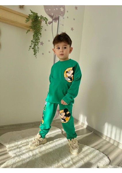 Mickey Detaylı 2 Ip Yeşil Erkek Çocuk Tarz Eşofman Takımı