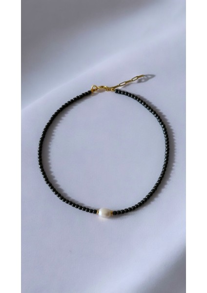 Sertifikalı Hematit Doğal Taşlı ve Barok Inci Detaylı Choker Kolye