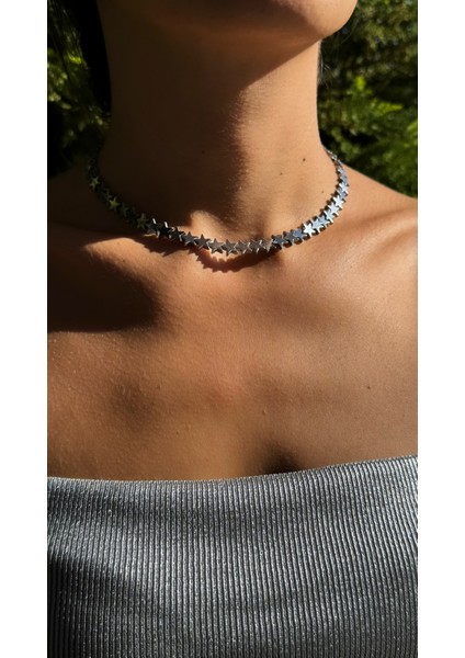 Yıldız Figürlü Doğal Hematit Taşı Şık Tasarım Choker Kolye modelleri