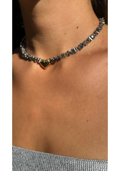 Doğal Hematit Taşı ve Altın Kaplama Kalp Figürlü Şık Tasarım Choker Kolye