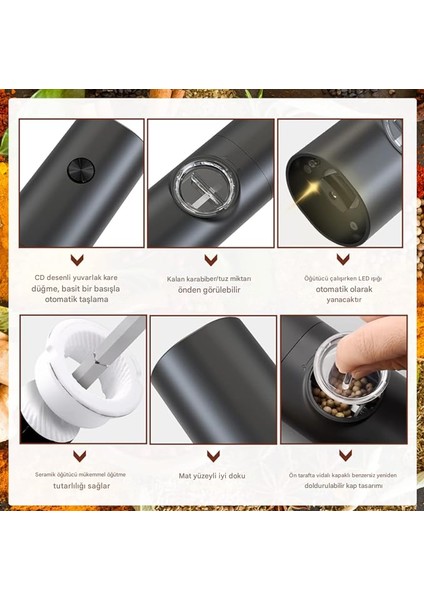 Kaba Baharat Öğütücü LED Işık Tasarımı Siyah Pille Çalışan Tuz Öğütücü Tek Elle Çalıştırma modelleri