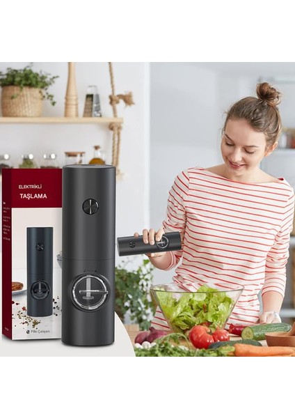 Kaba Baharat Öğütücü LED Işık Tasarımı Siyah Pille Çalışan Tuz Öğütücü Tek Elle Çalıştırma indirimleri