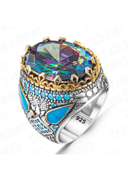 925 Ayar Gümüş Mistik Topaz Taşlı Turkuaz Taş Detaylı Erkek Yüzük fiyatları
