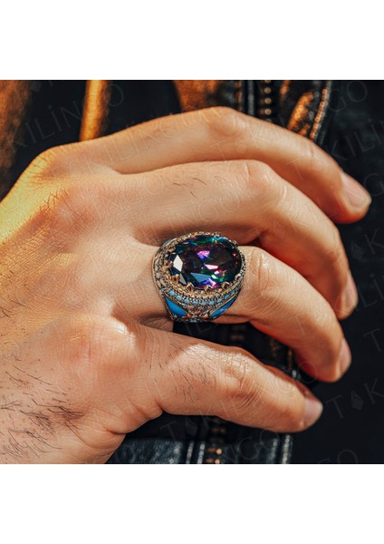 925 Ayar Gümüş Mistik Topaz Taşlı Turkuaz Taş Detaylı Erkek Yüzük modelleri
