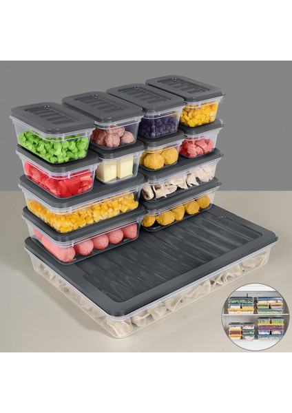 13'lü Buzdolabı Düzenleyici Organizer Set Mikrodalga Difriz Kabı - 1X2400ML 4X600ML 8X240ML Antrasit