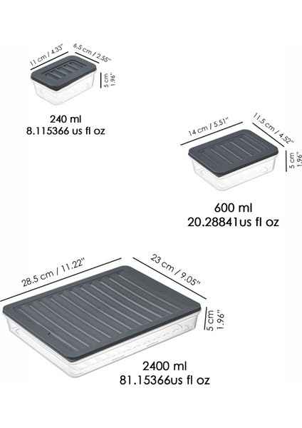 13'lü Buzdolabı Düzenleyici Organizer Set Mikrodalga Difriz Kabı - 1X2400ML 4X600ML 8X240ML Antrasit
