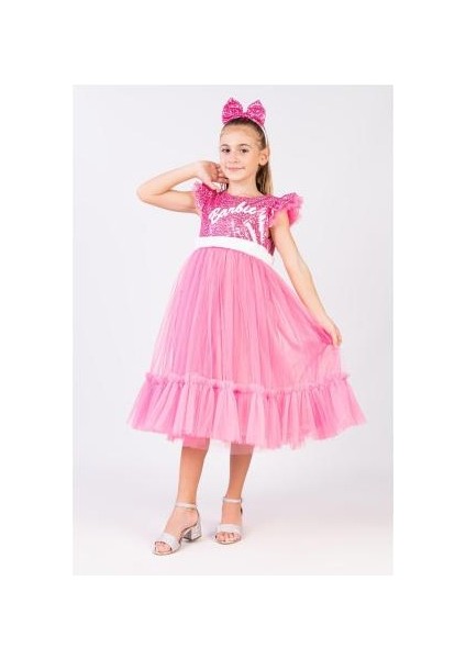 Kız Çocuk Pullu Barbie Abiye Elbise