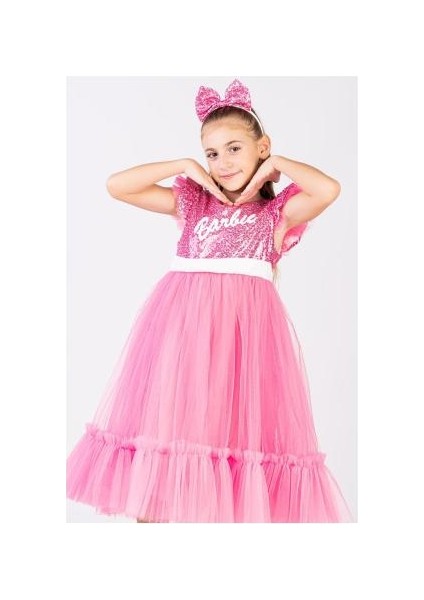 Kız Çocuk Pullu Barbie Abiye Elbise