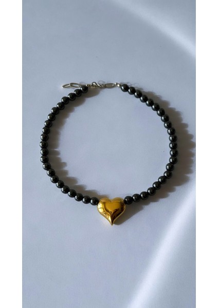 Sertifikalı Hematit Doğal Taş Altın Kaplama Kalp Figürlü Tasarım Kolye