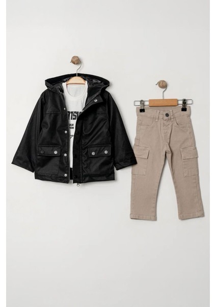 Cepli Deri Montlu Erkek Çocuk Kapüşonlu 3 lü takım - Siyah
