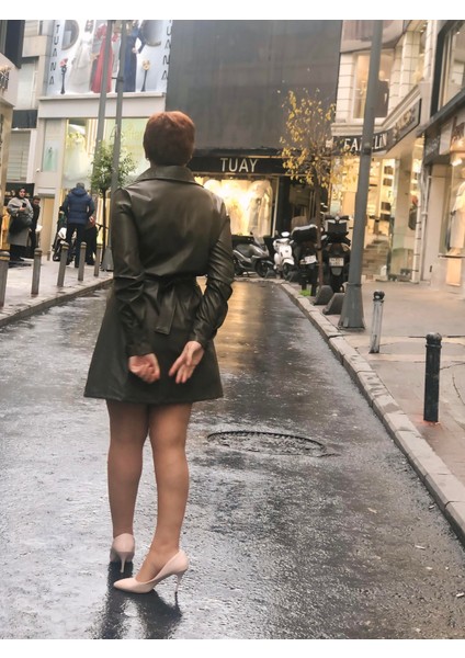 Gömlek Yaka Uzun Kol Deri Elbise