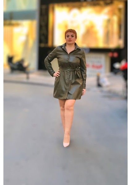 Gömlek Yaka Uzun Kol Deri Elbise fiyatları