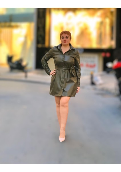 Gömlek Yaka Uzun Kol Deri Elbise modelleri
