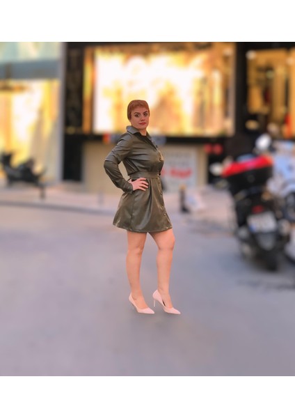 Gömlek Yaka Uzun Kol Deri Elbise fırsatları