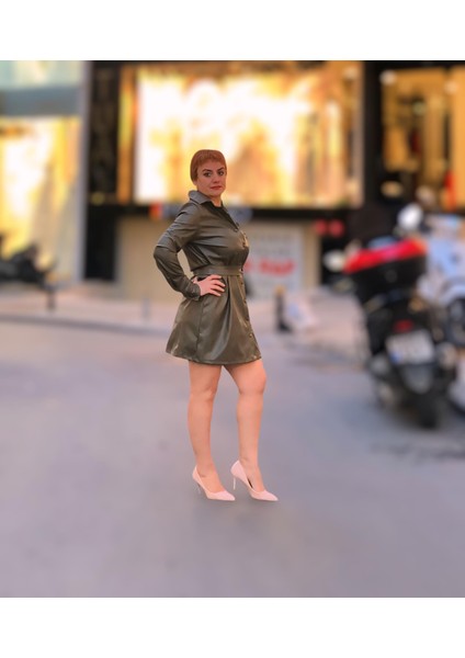 Gömlek Yaka Uzun Kol Deri Elbise indirimleri