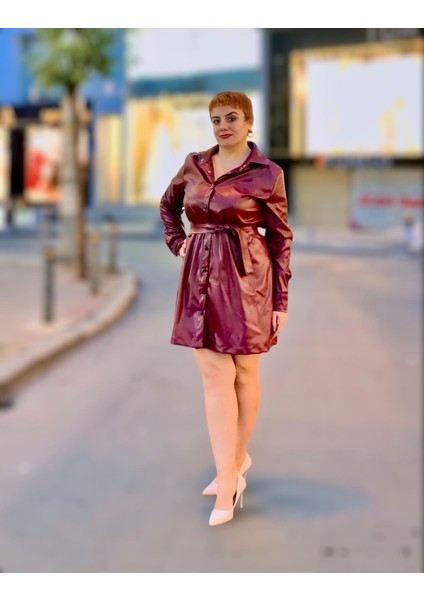 Gömlek Yaka Uzun Kol Deri Elbise