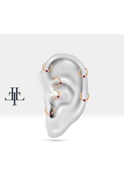 Prenses Yakutlu Halka Piercing, 10-12 mm , 1.2 Mm, 14K Sarı-Beyaz-Kırmızı Altın | LC00034R