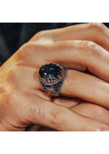925 Ayar Gümüş Renkli Topaz Taşlı Zirkon Taş Detaylı Erkek Yüzük modelleri