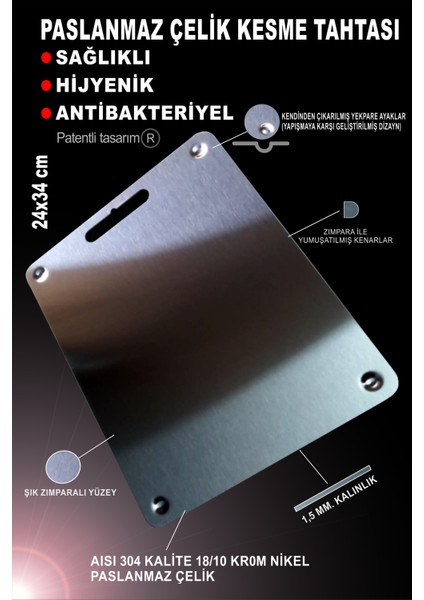 304 Kalite Paslanmaz Çelik Kesme Tahtası – Antibakteriyel - Hijyenik (Kendinden Gömme Ayaklı)