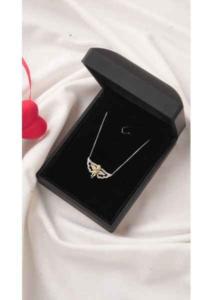 Işıklı Kutuda 925 Ayar Gümüş Zirkon Taşlı Çift Renk Kaplama Melek Kolye