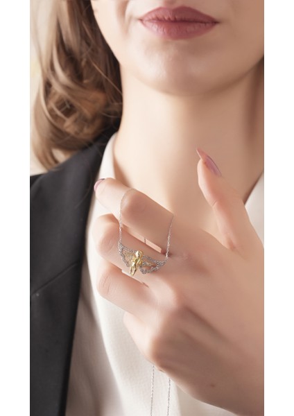 Işıklı Kutuda 925 Ayar Gümüş Zirkon Taşlı Çift Renk Kaplama Melek Kolye fiyatları