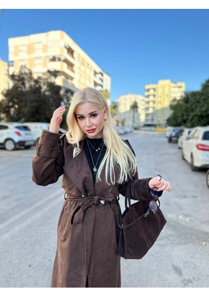 Premium Maxi Süet Kadın Trençkot