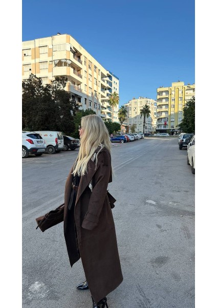 Premium Maxi Süet Kadın Trençkot