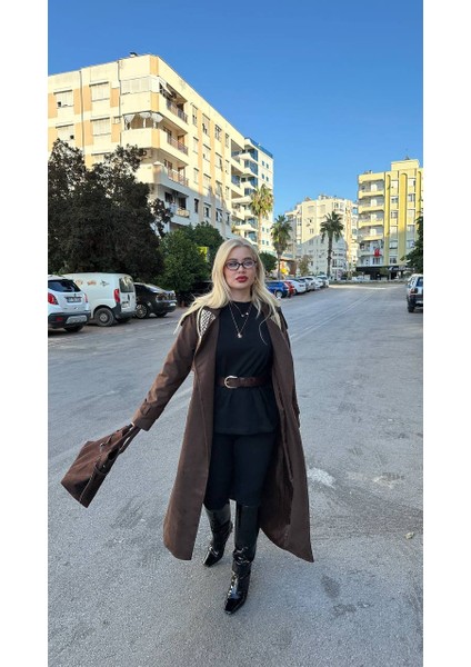 Premium Maxi Süet Kadın Trençkot