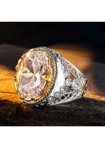 925 Ayar Gümüş Beyaz Zirkon Taşlı Usta Işi Erkek Yüzük